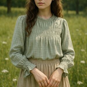 Miou Muse Shirred Gingham Top Womens Medium Cottagecore Peasant Prairie Folk